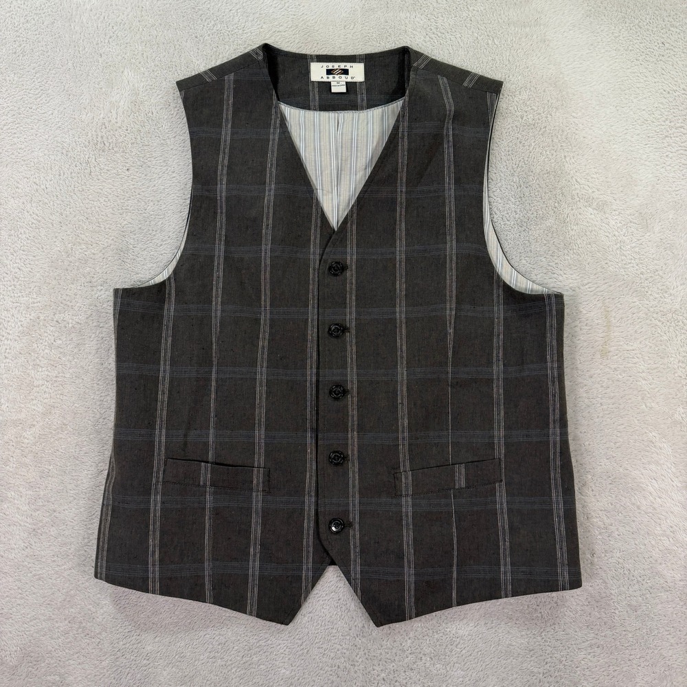 Joseph Abboud Mens Medium Vest Brown Linen Cotton Plaid Waistcoat Dress Formal